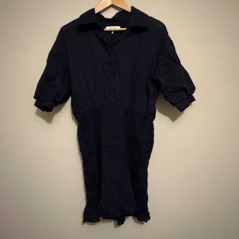 FRAME Black Ramie Smocked Puff Sleeve Mini Dress Medium MSRP $478
